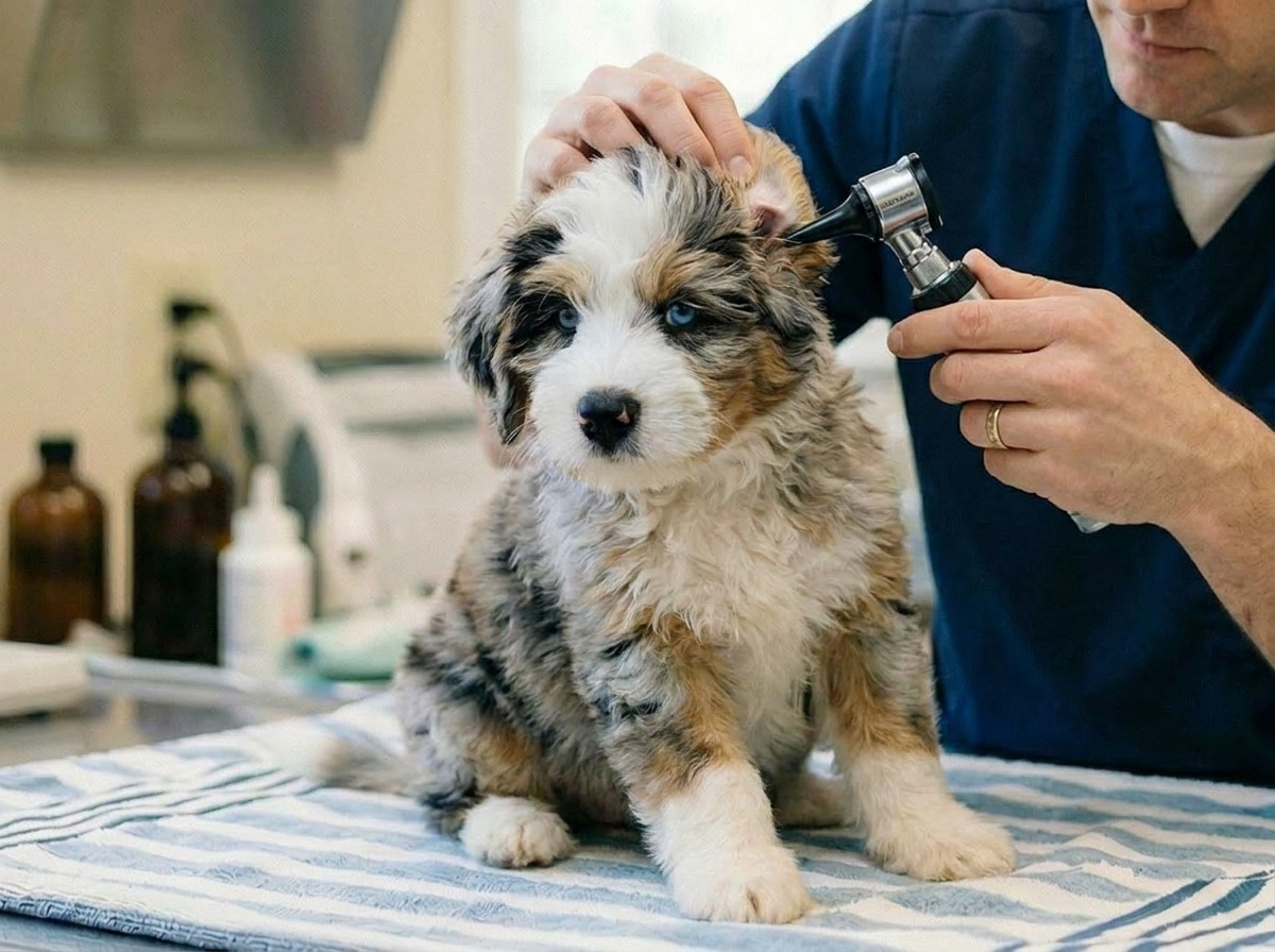 Veterinarian performing a pre-placement nose-to-tail examination on a Windy City Pups puppy